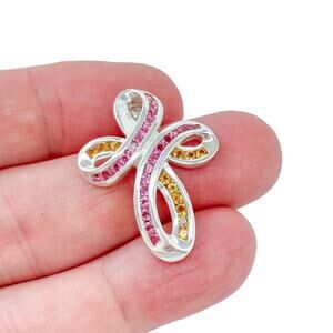 Estate Sterling Silver 925 Yellow Citrine Pink Tourmaline Twist Cross Pendant